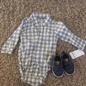 Boys 3mo plaid button up dress shirt & navy shoes